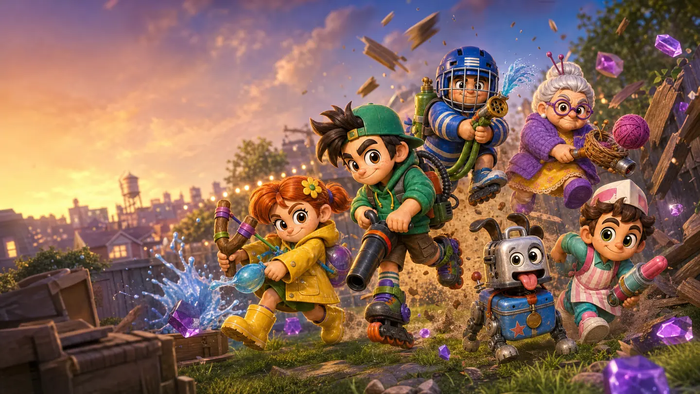 Six heroes from the game run through a smashed backyard fence: a girl with a slingshot, a boy on rollerblades with a leaf blower, a goalie with a garden hose, a grandma with balls of yarn, an ice cream kid and a toaster robot dog