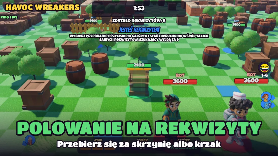 Polowanie na rekwizyty: postać przebrana za skrzynię wśród beczek