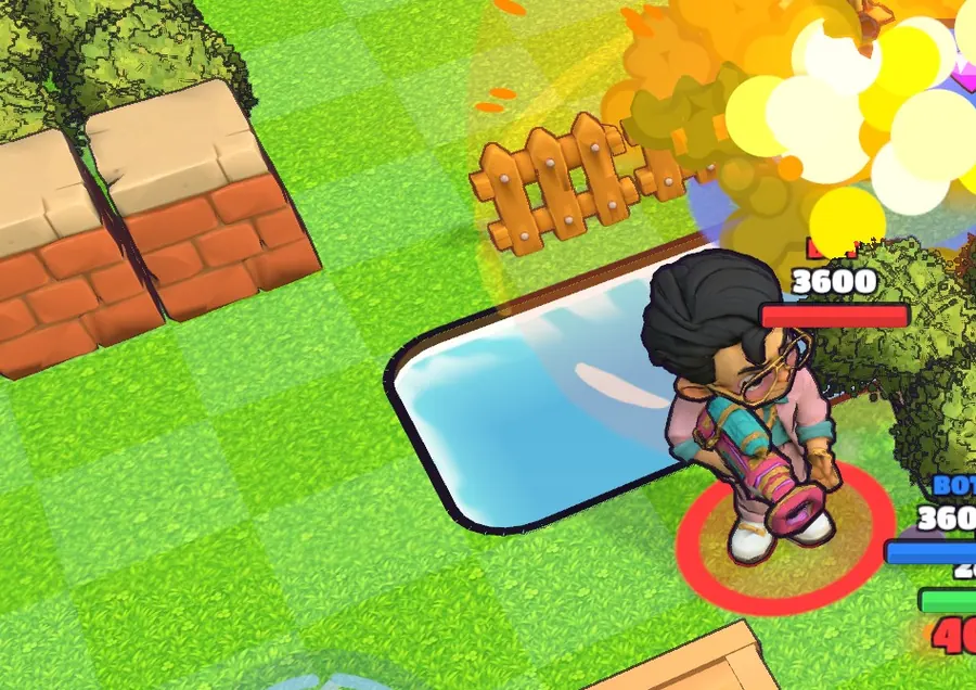 Screenshot: an RPG rocket explodes behind a fence on the Backyard map, next to a pond, a brick wall and a rival hero